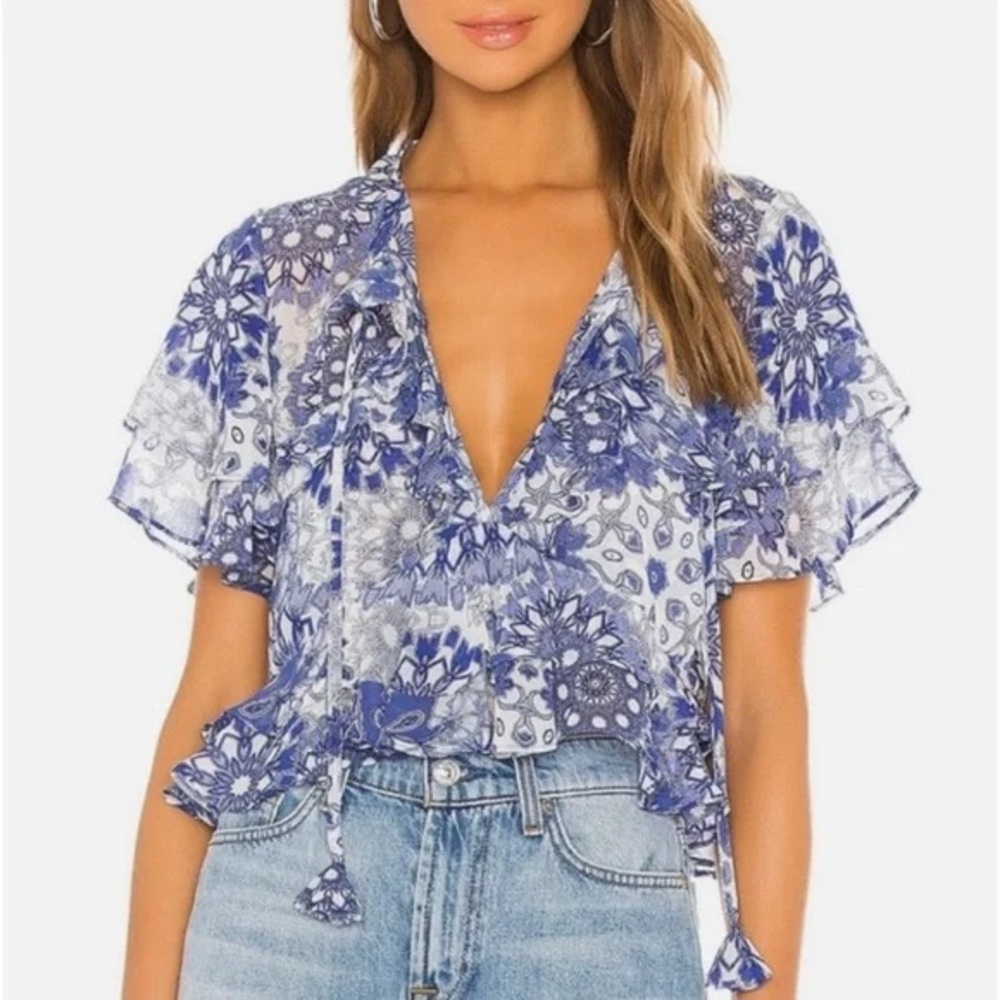 MISA Blue Floral Ruffle V-Neck Blouse Small